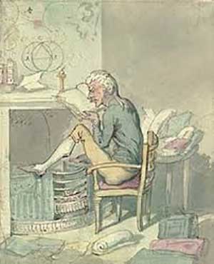 The pedant, obsessively checking the correctness of every word he reads, as seen  by Thomas Rowlandson, the Georgian era caricaturist.